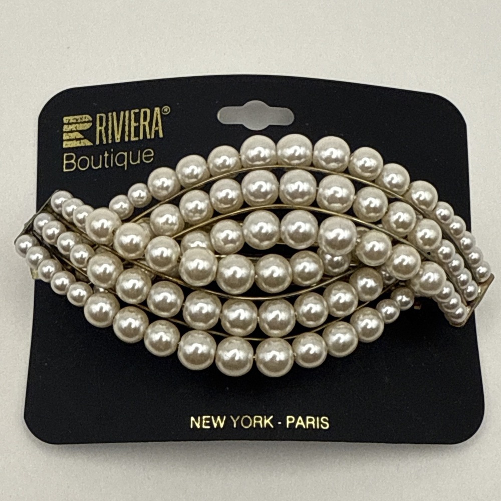 Rivera Boutique Hair Ornament Clip 3.25" X 2"  With 6 Rows Faux Pearls Coquette